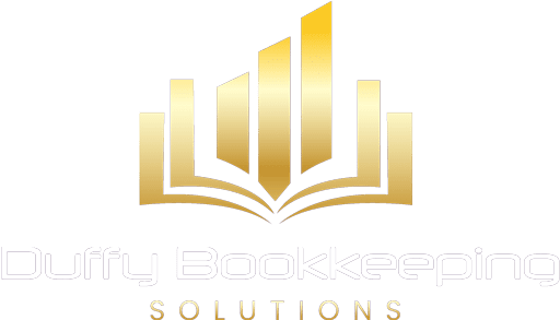 Gold logo for "Duffy Bookkeeping Solutions" featuring stylized vertical bars above an open book graphic, with the company name and "SOLUTIONS" written below.